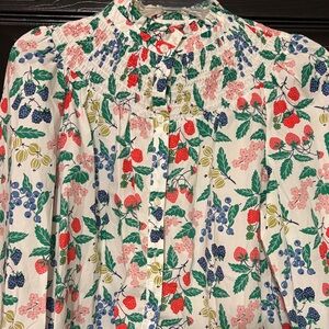 Boden White Smocked Blouse with Red, Blue, Green and Pink Berry Print EUC